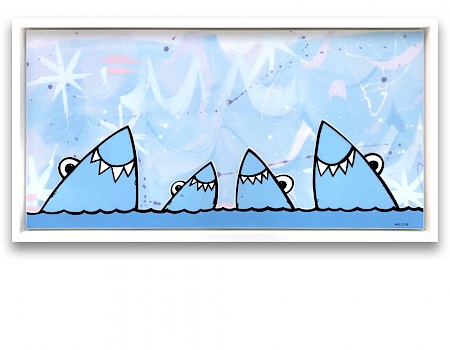 The image depicts a playful artwork of four cartoon shark fins with eyes and teeth, partially submerged in water, against a whimsical light blue background.